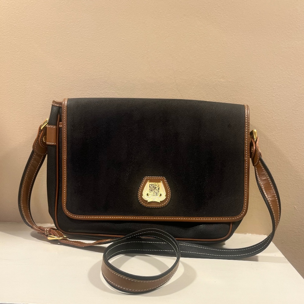 Vintage Lancel Paris Black Leather Messenger Crossbody Bag with Brown Trim & Gol